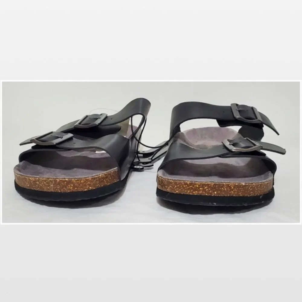 New Falls Creek Shoes Men Sandals Black Buckle Slip On Cork Slides NWT